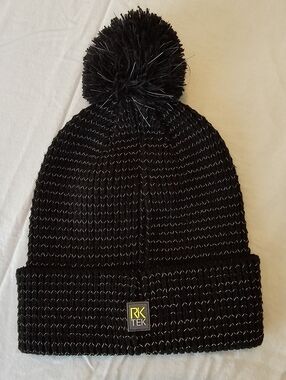 RKTEK Black Knit Pom Beanie with Silver Reflective Threading